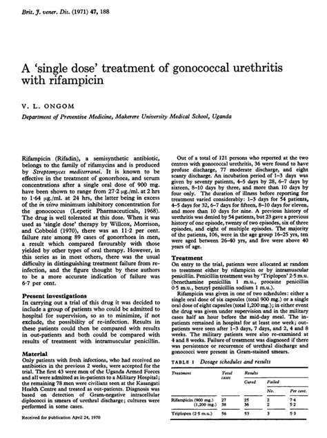 a single dose treatment of gonococcal urethritis with rifampicin