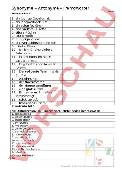 arbeitsblatt synonymeantonymefremdwoerter deutsch