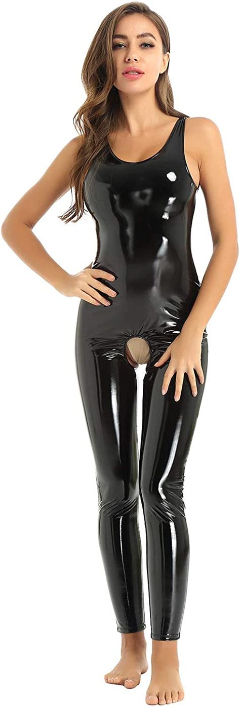 womens sexy wetlook look catsuit with open crotch leather body hot