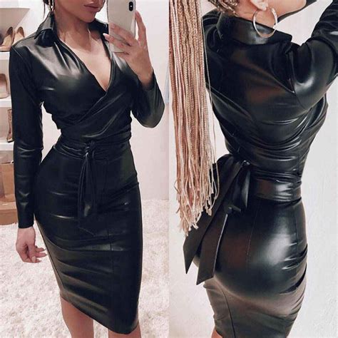 Pu Leather Sexy Fashion Sleeveless Bodycon Dresses Woman Party Night