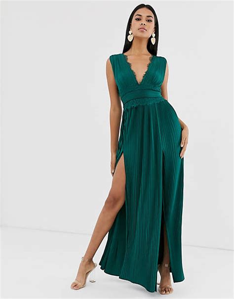 asos design premium zielona plisowana sukienka maxi ze wstawkami  koronki asos