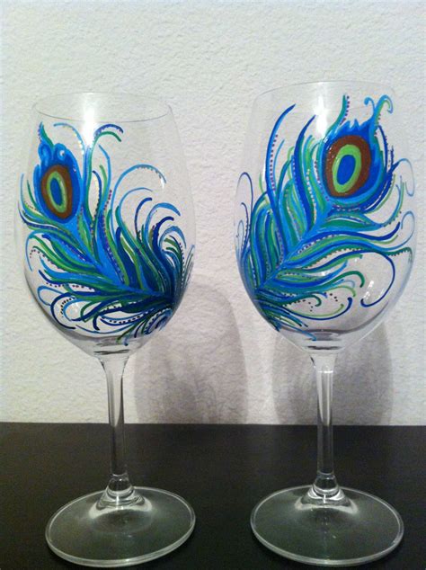 Hand Painted Peacock Feather Wine Glasses Set Of 2 In 2021 Glass