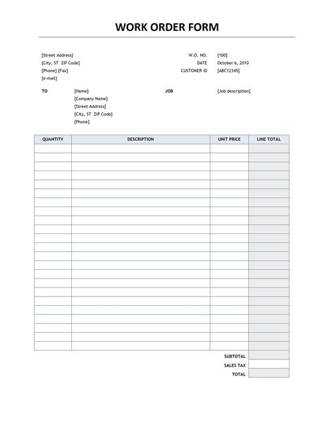 work order form template printable templates