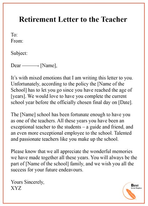 teacher retirement letter template