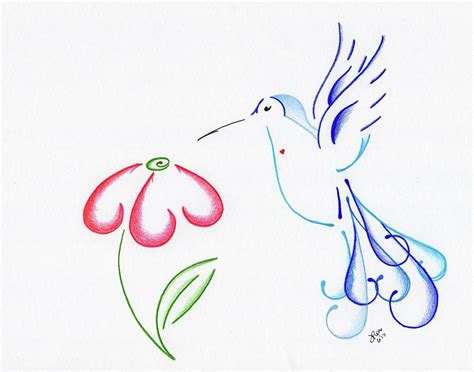 Hummingbird With Flower Drawing By Julia Pierce