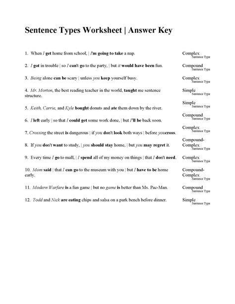 sentences types worksheet answers