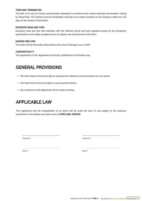 generic vehicle lease agreement template google docs word