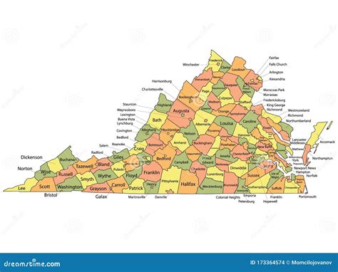 virginia county map stock vector illustration  colorful