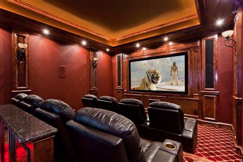beautiful traditional red home theater conversion
