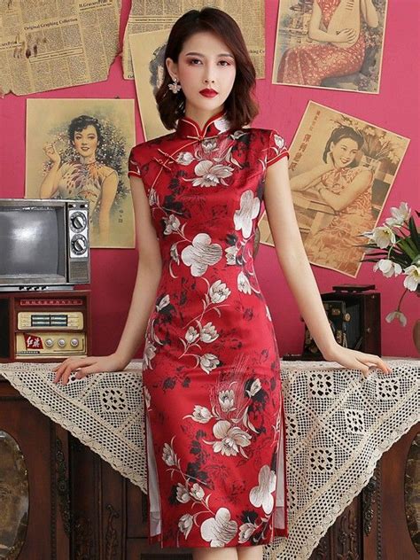 red floral mid qipao cheongsam party dress cozyladywear chinese