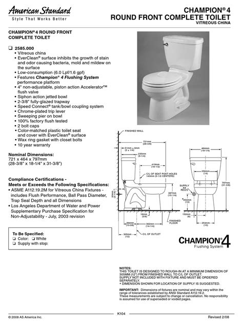 american standard champion   front complete toilet  specification sheet