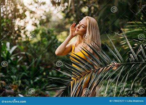 Woman In Swimsuit On Tropical Plants Background Stock Image Image Of