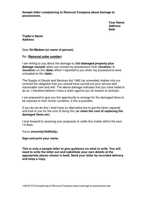sample letter complaining  removal company  damage