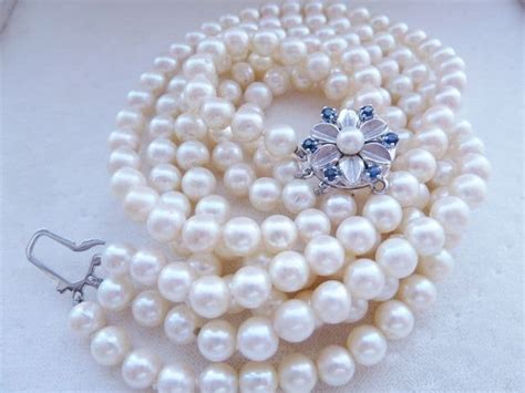 sold vintage triple strand real saltwater pearls ct white gold nat