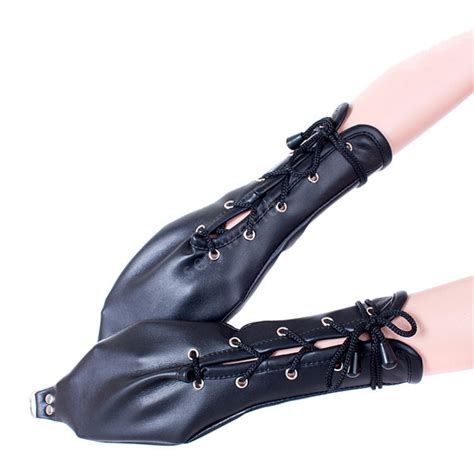 black pu leather sex gloves bondage mitt hands restraint slut slave