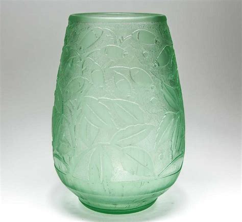 Daum Art Deco Green Glass Vase Acid Etched