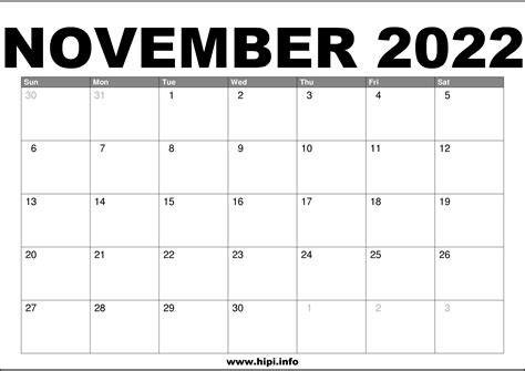 november  calendar printable  hipiinfo