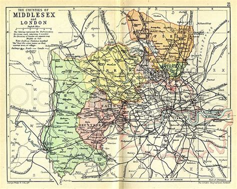 Middlesex And London 1895 Antique English Map Of Middlesex Etsy