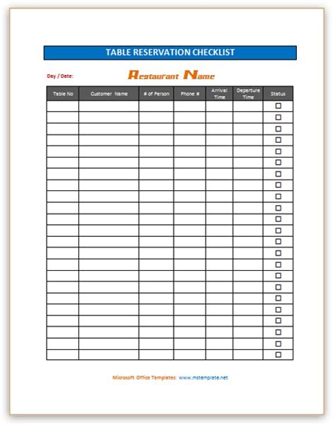 printable restaurant reservation sheet restaurant reservations template