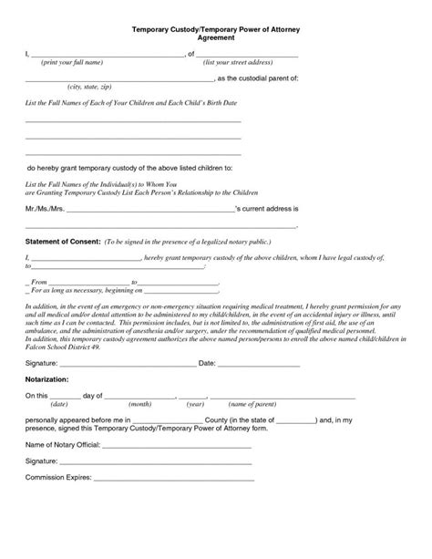 child custody agreement special    temporary guardianship  printable child custody