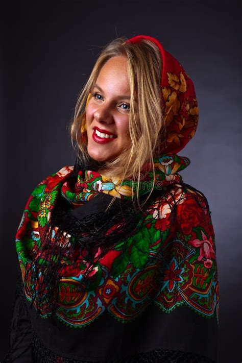 beautiful woman in a red traditional russian shawl stock image image