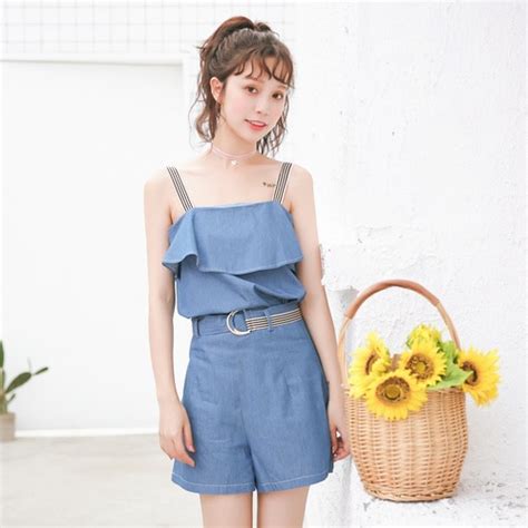 two piece outfits women 2018 summer korean style ruffles jeans tank top