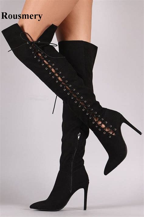 high quality women fashion pointed toe black suede leather over knee