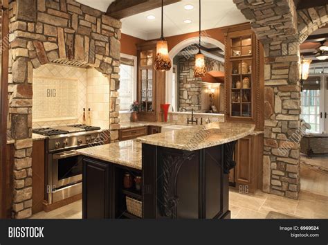 kitchen interior stone accents image photo bigstock