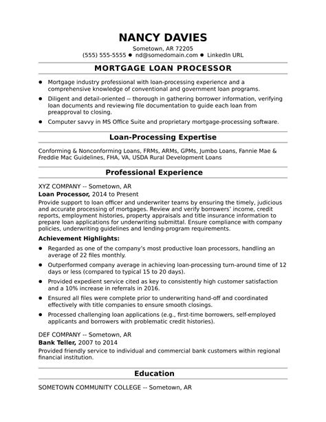 mortgage loan processor resume sample monstercom