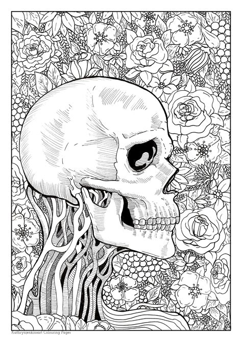 gothic skull coloring page  adults bark queen flower etsyde