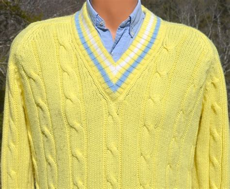 Vintage 70s Tennis Sweater V Neck Stripes Cable Knit Preppy