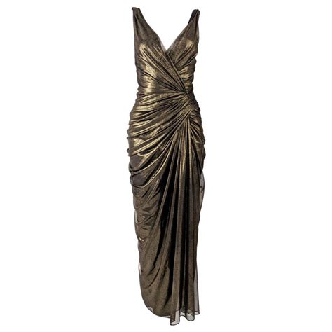 tadashi shoji vintage sexy gathered gold mesh evening gown for sale at