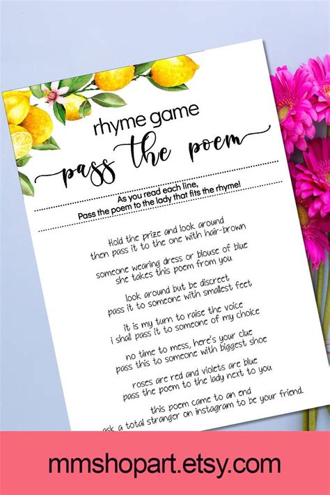 pass the poem bridal shower game lemon pass the poem game etsy