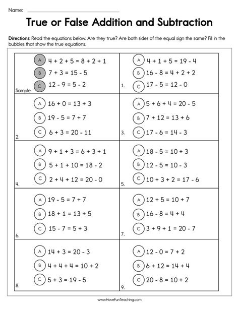 true  false addition  subtraction worksheet  fun teaching