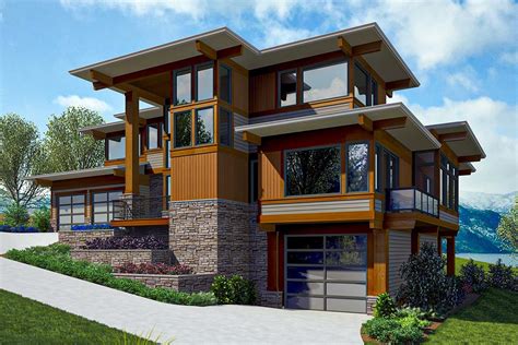 modern  story house plan  large covered decks   side sloping lot