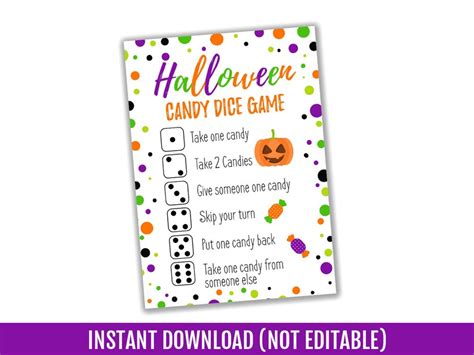 halloween candy dice game printable kids activity holiday gift