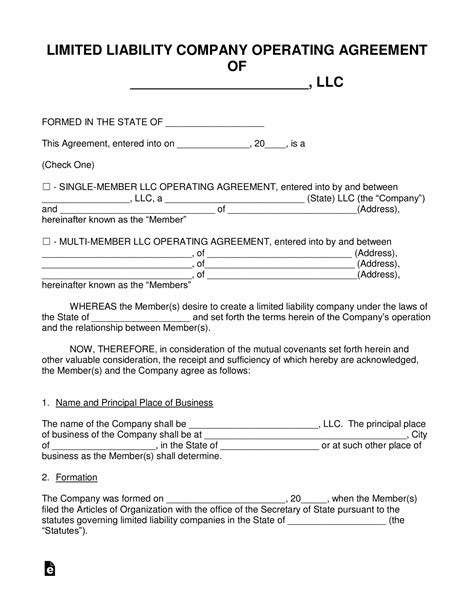 sample  llc operating agreement templates  word eforms owner