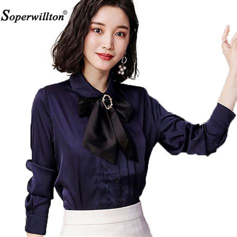 new 2018 spring office bow tie blouse women long sleeve white button
