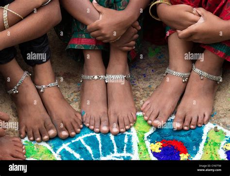 Indian Girls Bare Feet Around A Indian Rangoli Peacock Festival Stock