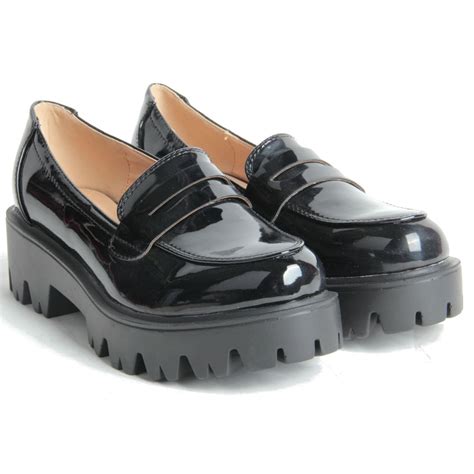 women ladies cleated chunky platform sole flat loafer black patent school shoes ebay