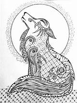 Wolf Coyote Zentangle Native Moon Drawings American Doodle Zen Patterns Painting Original sketch template