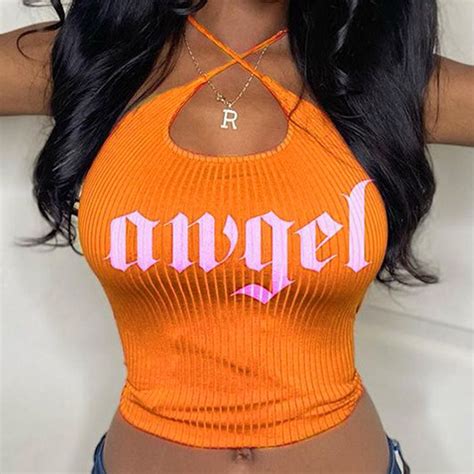 orange tank top summer fashion cut top angel letter print backless