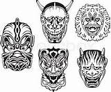 Japanese Masks Mask Noh Coloring Theatrical Demonic Stock Vector Tattoo Drawing Illustration Oni Tattoos Depositphotos Samurai Masken Japanische Hannya Demon sketch template