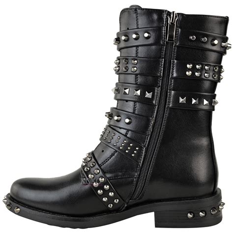 womens ladies studded ankle boots buckle western biker strappy flat shoes size ebay