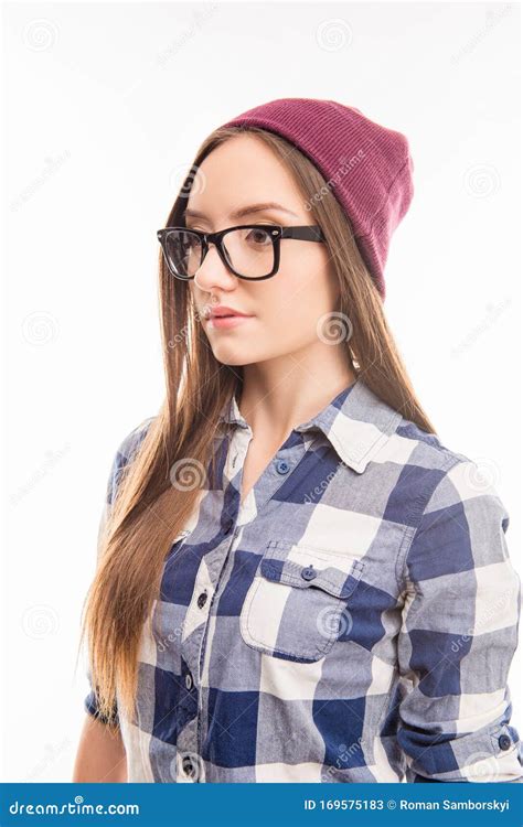 Close Up Portrait Of Attractive Hipster Girl Posing In Cap And Glasses