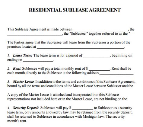 sample  sublease agreement templates   sample templates