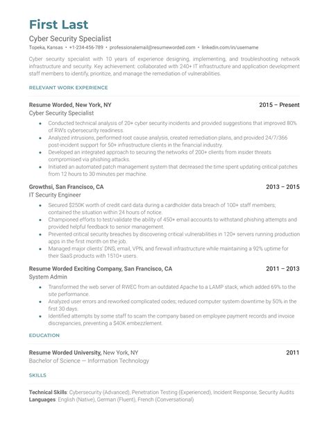 cyber security specialist resume examples   resume worded
