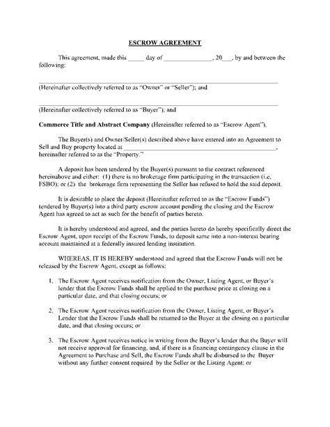escrow agreement template printable templates