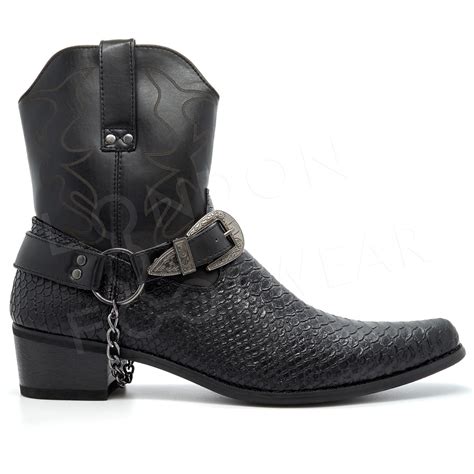 mens western cowboy ankle boots zip harness pointed cuban heel