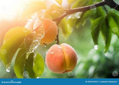 Fresh Peaches Wih Drops Of Water Natural Fruit Growing On A Tree In